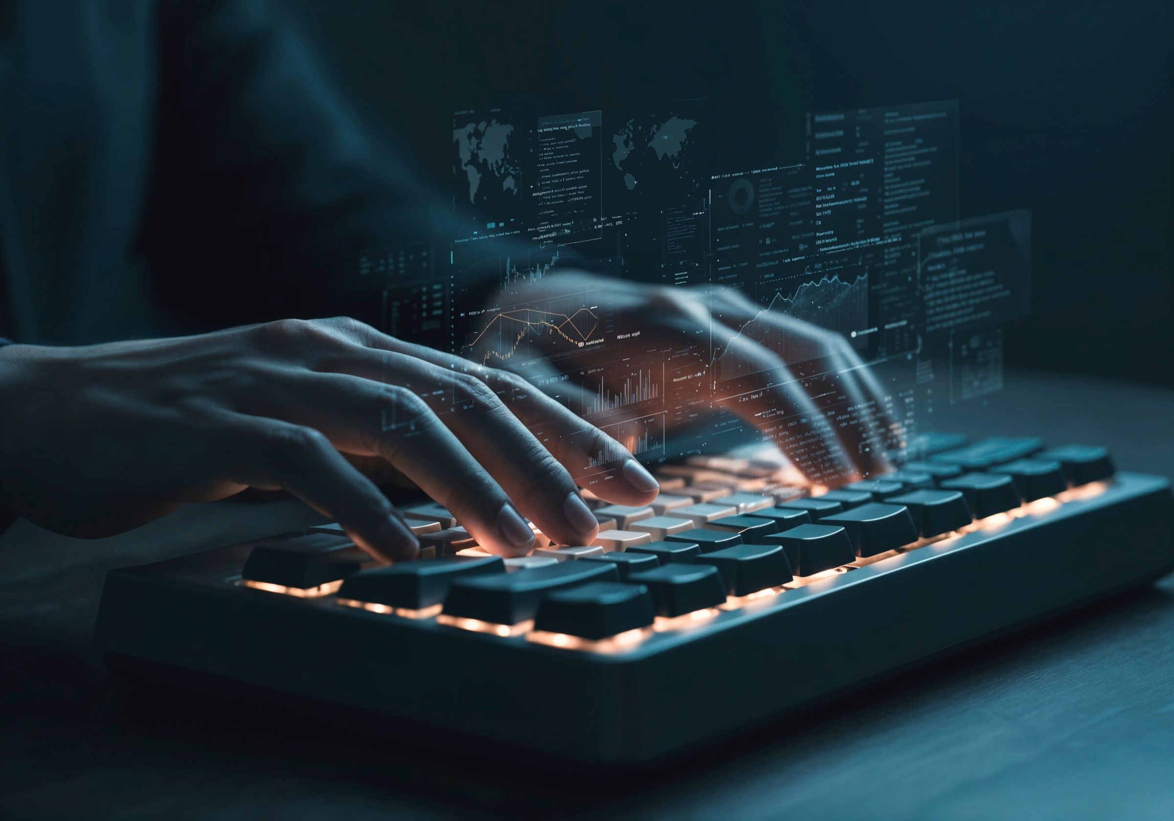 Photo d’illustration : des mains sur un clavier rétroéclairé, des données affichées en surimpression.